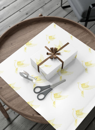 Golden Dove Gift Wrap Paper — Elegant Yellow Dove & Floral Bird Wrapping Sheets for Weddings & Baby Showers