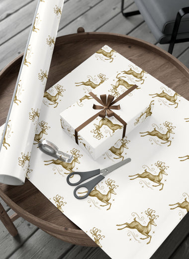 Reindeer Pattern Gold Holiday Gift Wrap Paper